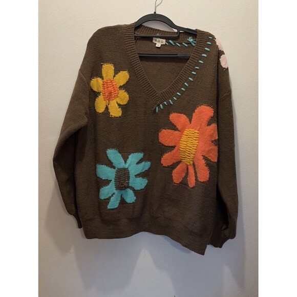 POL Groovy Bloom Balloon Sleeve Floral Sweater  Oversized Women M Hippy Fairy ￼ - Picture 4 of 8